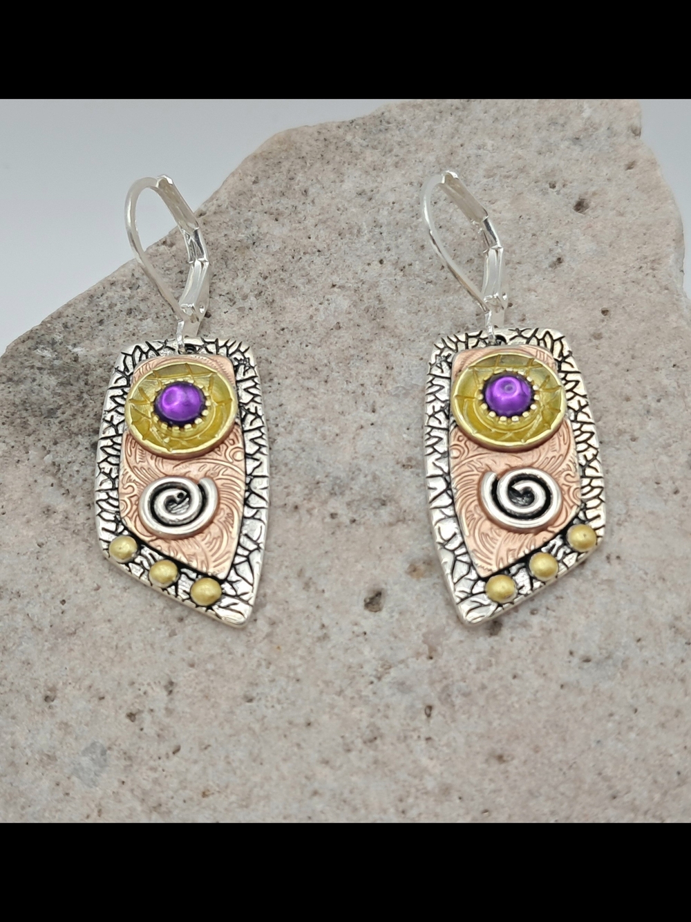 Boho Tribal Mixed-Metal & Purple Gem Dangle Earrings Sterling Silver Leverback